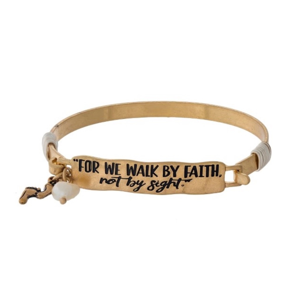 bracelet w/"For we walk by faith, not by sight" and a latch closure.
